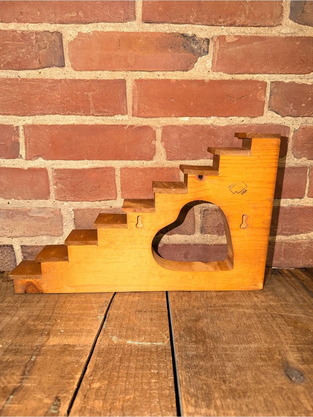 Wooden Step-Style Display with Heart Cutout - Warm Pine Knickknacks Trinkets
